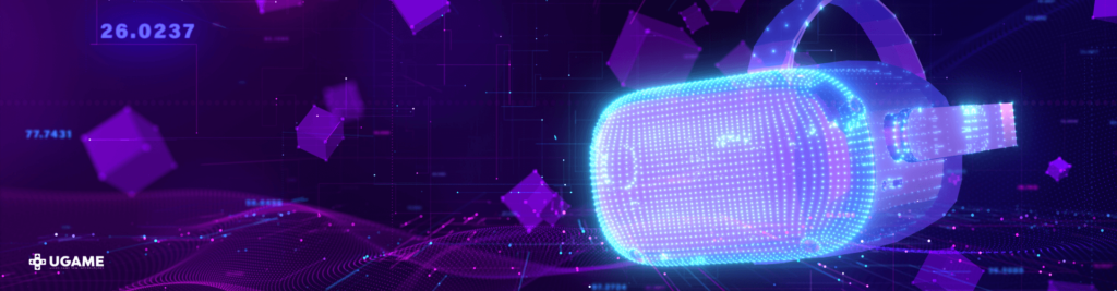 Imagem gráfica de um óculos VR roxo brilhante e cubos roxos em volta dele flutuando