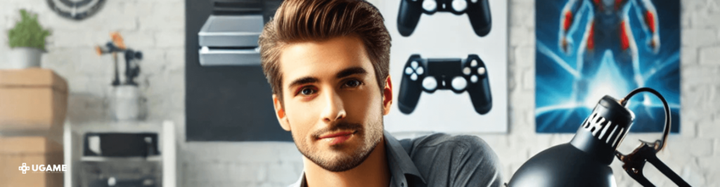 Um técnico de videogames sorridente em seu local de trabalho, com uma parede decorada ao fundo com imagens de controles de videogame e pôsteres relacionados a jogos. Ele está sentado em uma bancada organizada, com uma luminária à sua frente.