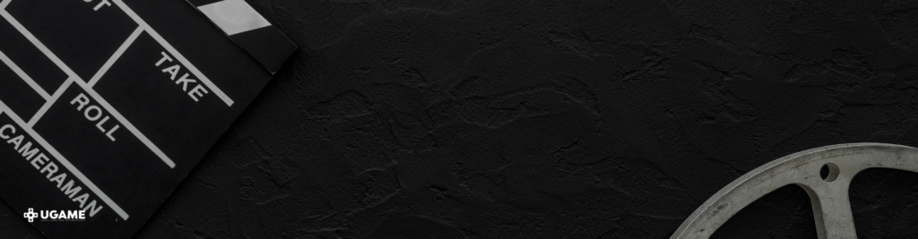 Filme para empreendedor: Imagem de fundo preto texturizado com um clapperboard de cinema à esquerda e uma peça metálica circular à direita. No canto inferior esquerdo, o logotipo da Ugame, com o texto 'Ugame' e o ícone de um controle de videogame.
