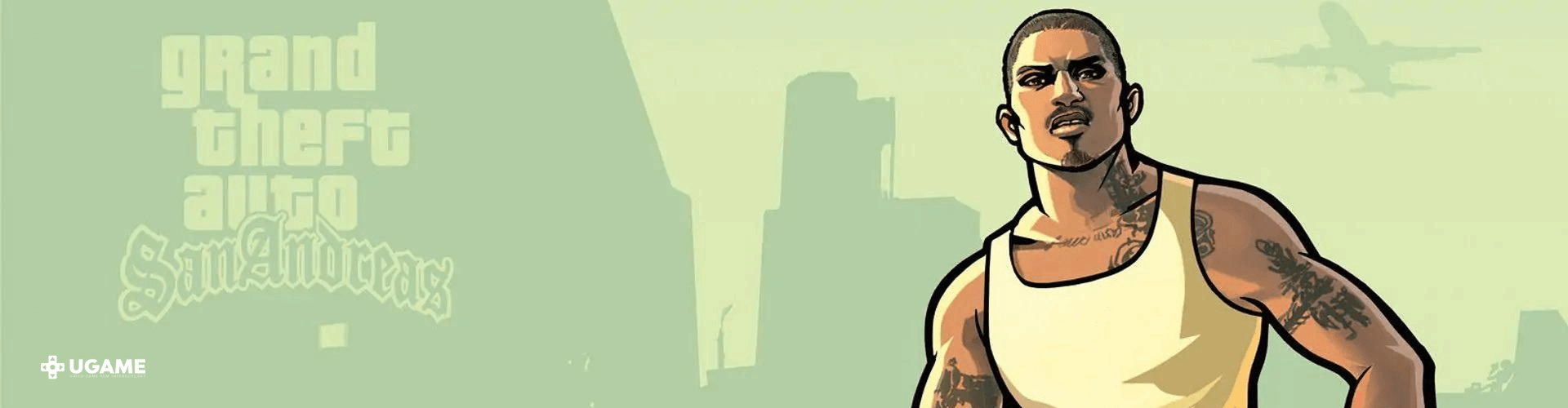 Ilustração do jogo gta san andreas video game, com o personagem principal em destaque, vestindo uma regata branca e exibindo tatuagens nos braços. Ao fundo, a silhueta de uma cidade e um avião sobrevoando, com o logotipo do jogo à esquerda em tons claros.