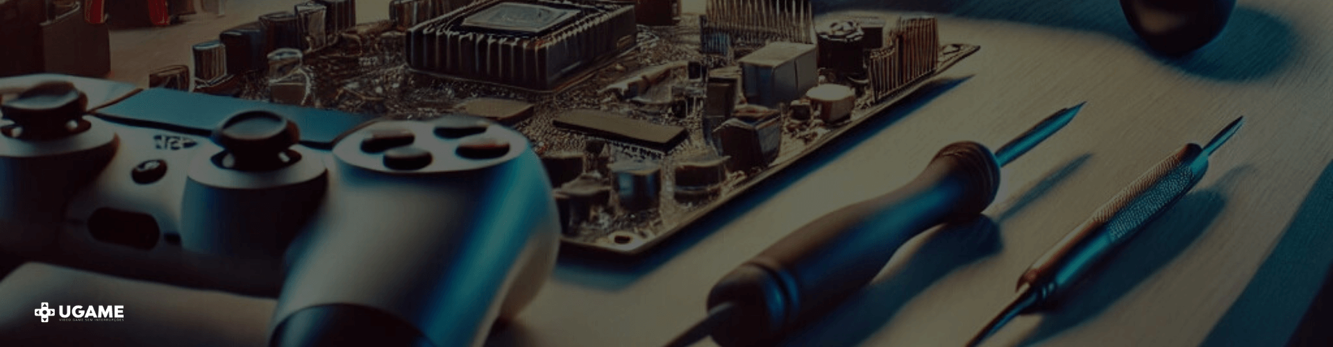 Frase empreendedor: Controlador de videogame ao lado de uma placa-mãe e ferramentas de reparo eletrônico, representando o processo de manutenção e conserto de consoles."