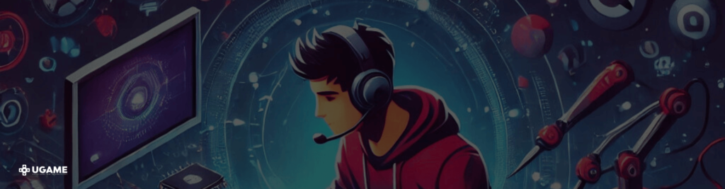 Ilustração de um jovem técnico usando um headset, concentrado em uma tela de computador que exibe gráficos digitais com aparência futurista. Ao fundo, há elementos tecnológicos, como circuitos e engrenagens, com uma atmosfera de hologramas e tecnologia avançada. À direita, ferramentas de reparo, como chaves de fenda, estão destacadas. No canto inferior esquerdo, aparece o logotipo da "UGAME" em branco.